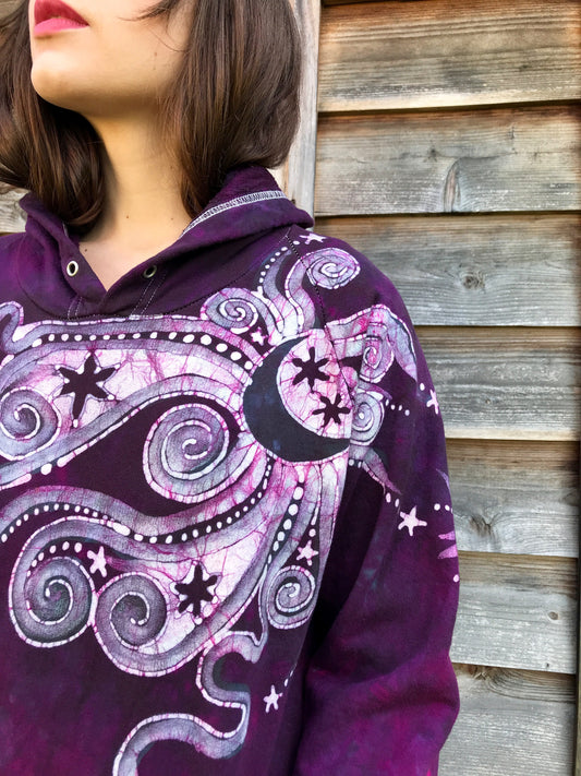 Maroon Moonlight Tranquility - Organic Cotton Batikwalla Hoodie