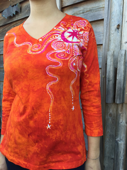 Brilliant Orange Moon Star Handmade Batik Vneck Tee - Batikwalla 
 - 1