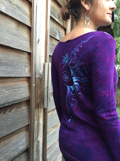 Purple and Turquoise Center Star Long Sleeve Batik Top - Size Small - Batikwalla 
 - 5