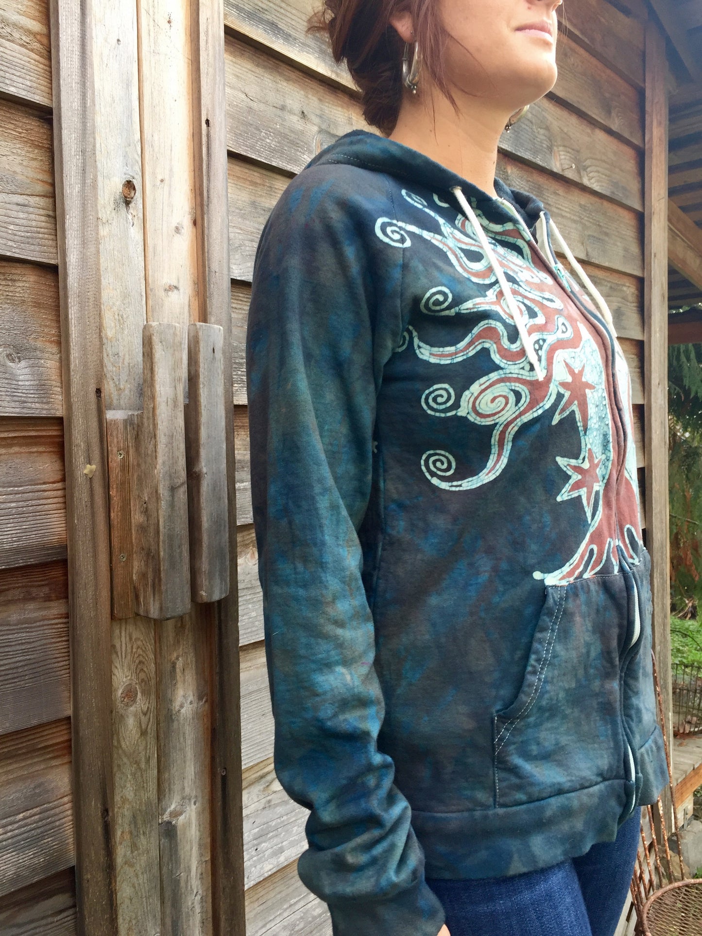 Tree in the Blue Mist Handmade Batik Hoodie - Medium Men's (Unisex) - Batikwalla 
 - 3