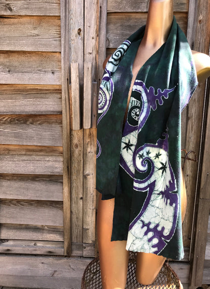 Teal and Purple Stargazer Hand Painted Batik Fabric Scarf