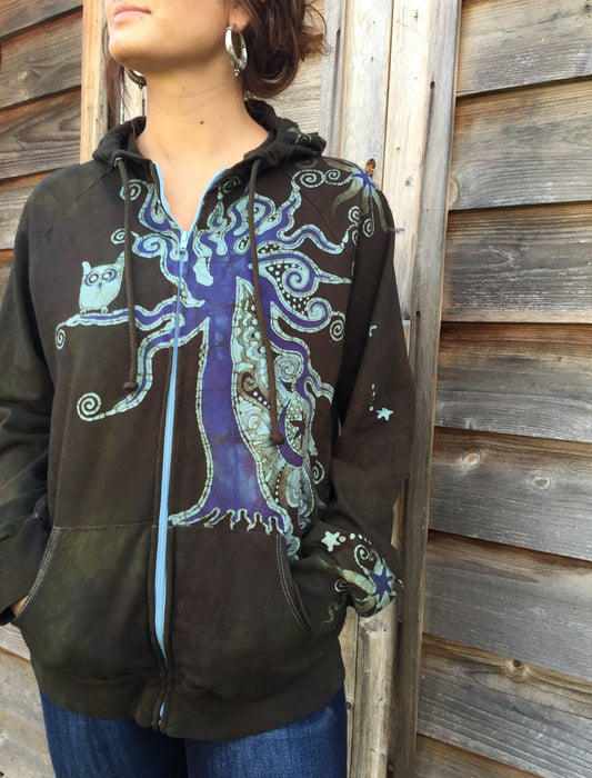 Olive Green Owl Sanctuary Handmade Batik Hoodie - Batikwalla 
 - 1