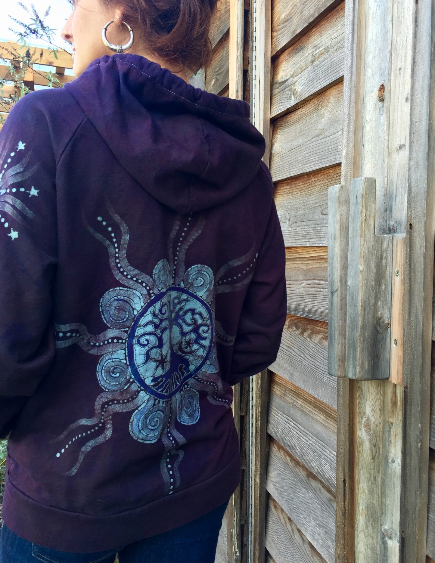 Maroon Moon and Tree of Life Handmade Batik Hoodie - Women's Size 2X - Batikwalla 
 - 3