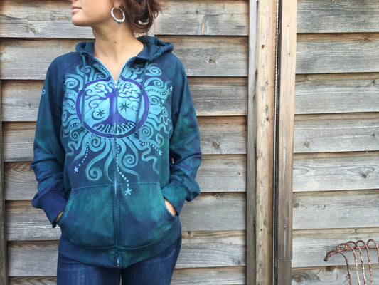 Teal and Purple Tree of Life Handmade Batik Hoodie - Batikwalla 
 - 1