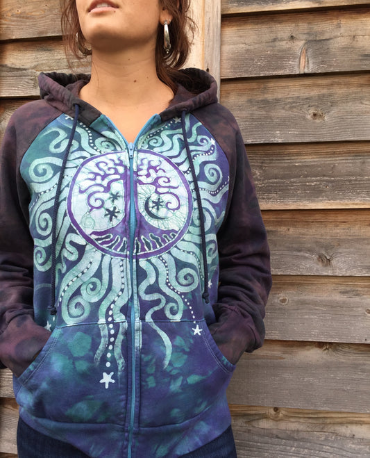 Teal and Purple Tree Mandala Handmade Batik Hoodie - Women's Size XL - Batikwalla 
 - 1