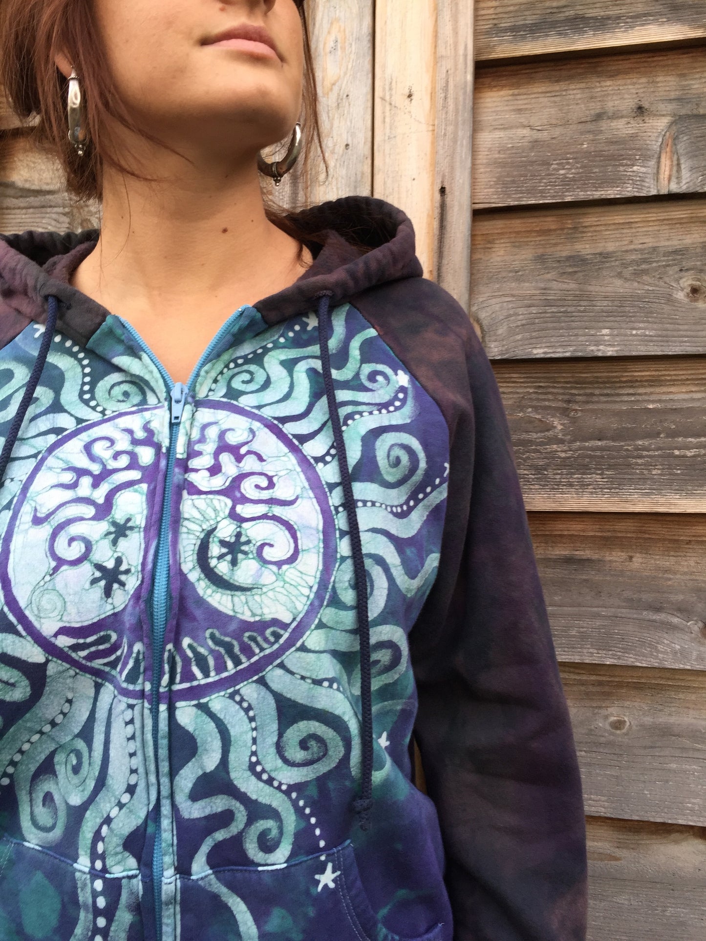 Teal and Purple Tree Mandala Handmade Batik Hoodie - Women's Size XL - Batikwalla 
 - 2