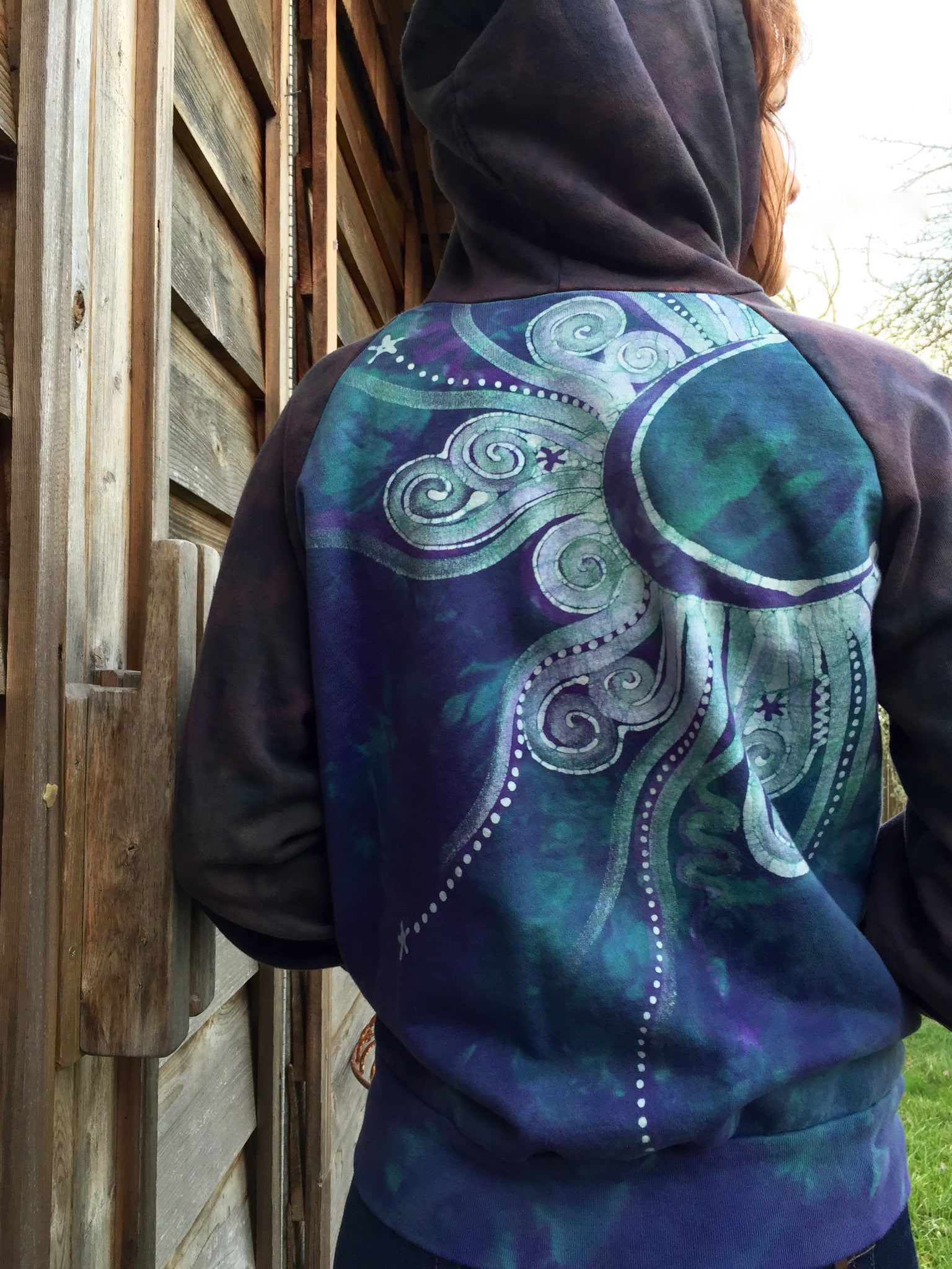 Teal and Purple Tree Mandala Handmade Batik Hoodie - Women's Size XL - Batikwalla 
 - 3