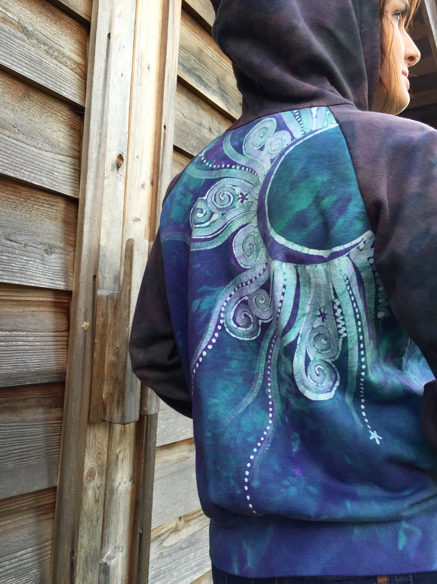 Teal and Purple Tree Mandala Handmade Batik Hoodie - Women's Size XL - Batikwalla 
 - 4