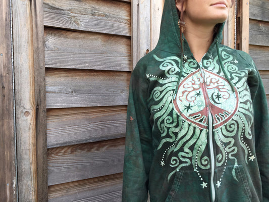 Green Forest Tree of Life Handmade Batik Hoodie - Men's (Unisex) Size Large - Batikwalla 
 - 1