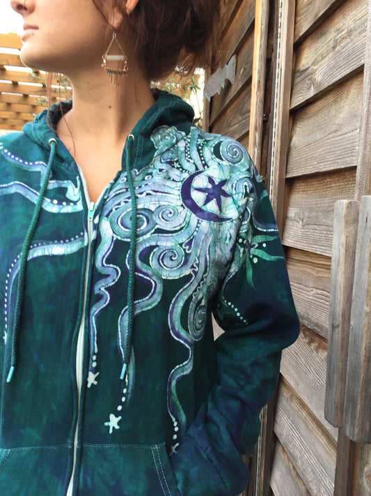 Teal and Purple Moon Organic Batik Hoodie - Batikwalla 
 - 1