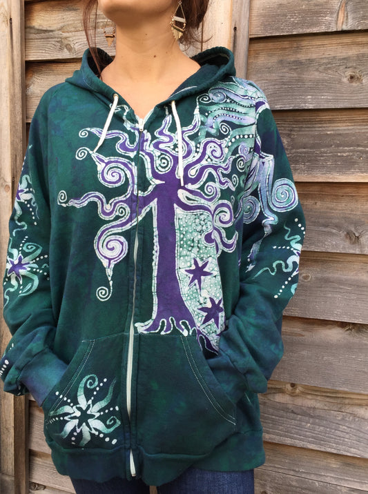 Teal & Purple Tree Reaching To The Moon Batik Hoodie - Batikwalla 
 - 1