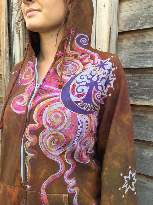 Orangey Pink Moon Tree Handmade Batik Hoodie - Batikwalla 
 - 1