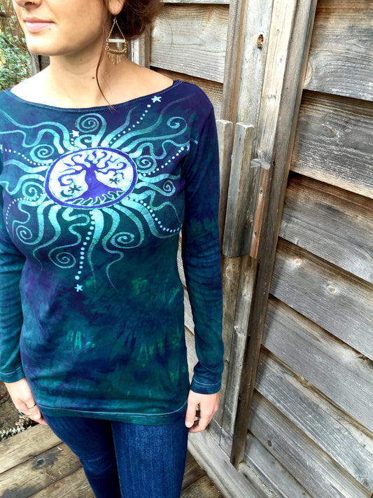 Tree Of Life in Teal and Purple Long Sleeve Batik Top - Size Medium - Last One - Batikwalla 
 - 1