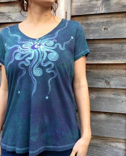 Light Teal Moon Star Handmade Batik Vneck Tee - Batikwalla 
 - 1