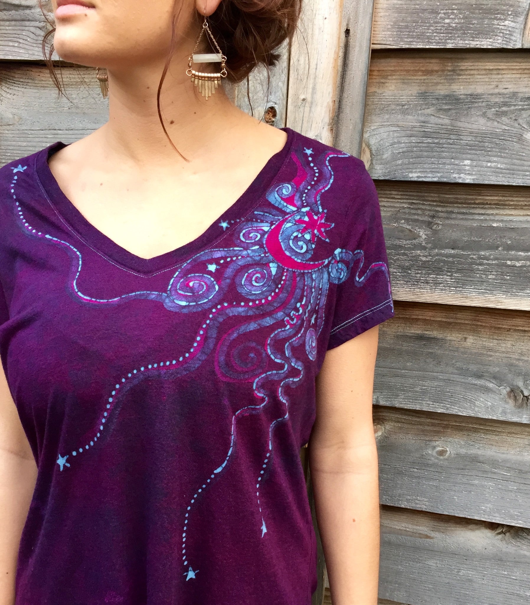 Deep Purple Moon Star Handmade Batik Vneck Tee - Batikwalla 
 - 1