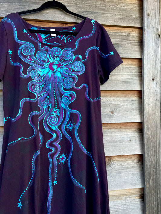 Deep Blue and Purple Moon Burst - Short Sleeve Batik Dress - Batikwalla 
 - 1