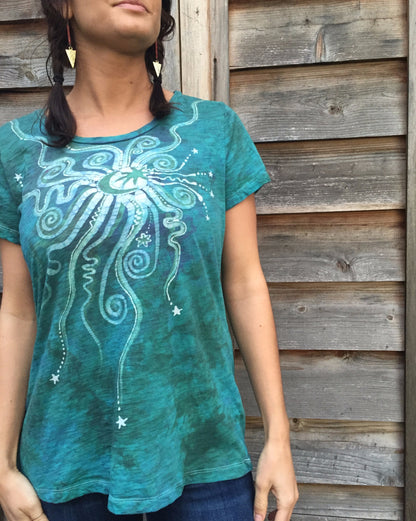 Light Teal Moon Star Handmade Batik Summer Tee - Batikwalla 
 - 1