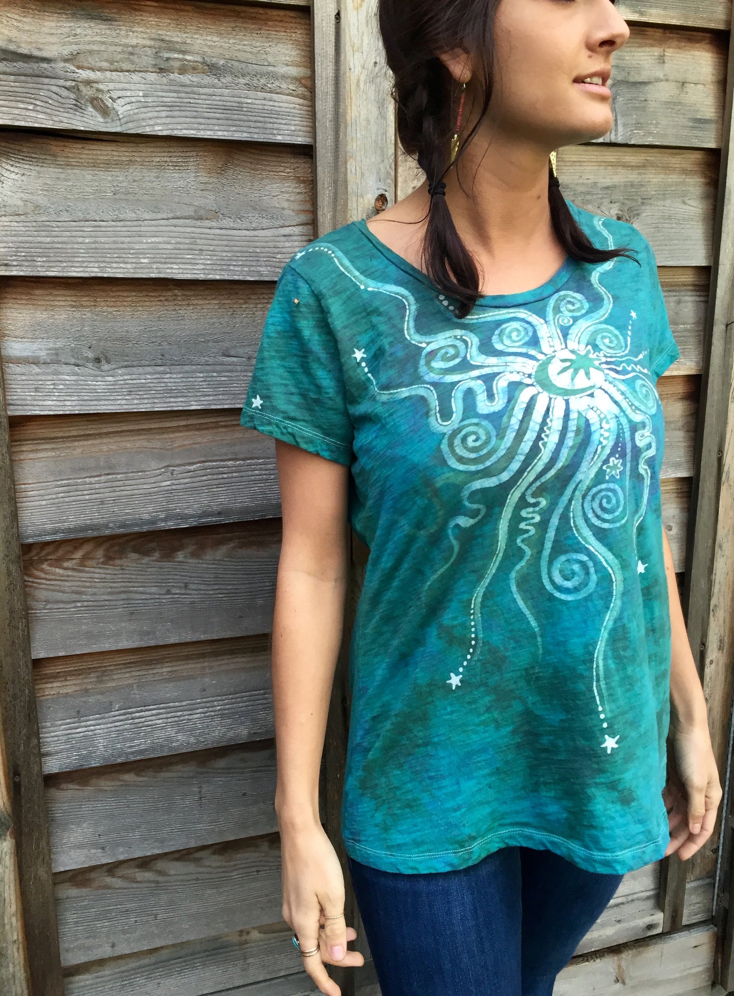 Light Teal Moon Star Handmade Batik Summer Tee - Batikwalla 
 - 2