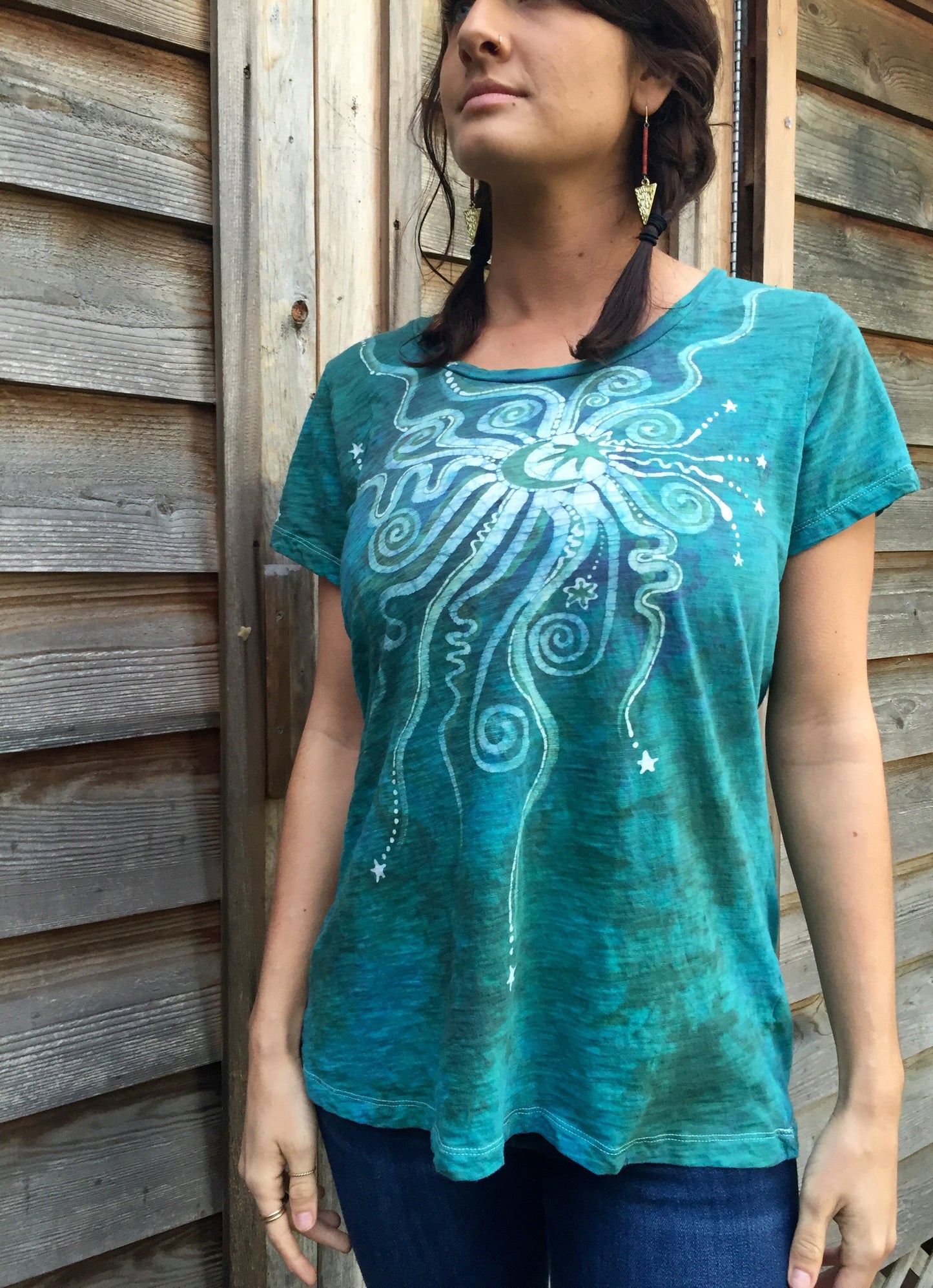 Light Teal Moon Star Handmade Batik Summer Tee - Batikwalla 
 - 4