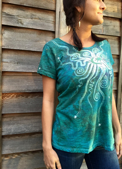 Light Teal Moon Star Handmade Batik Summer Tee - Batikwalla 
 - 3