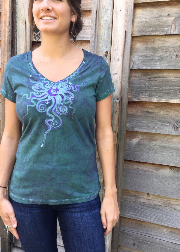 Light Teal Moon Star Handmade Batik Vneck Tee - Batikwalla 
 - 5