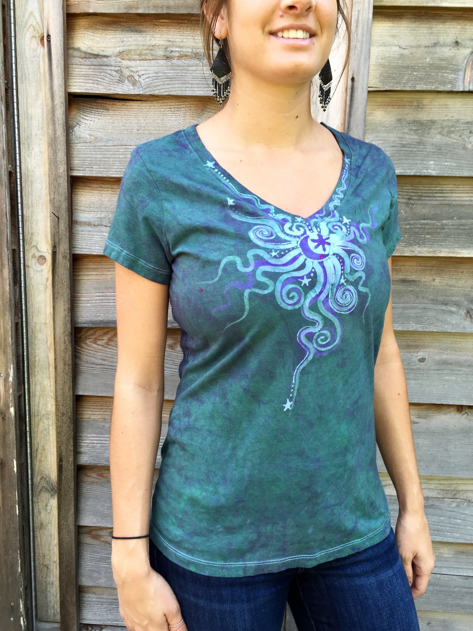 Light Teal Moon Star Handmade Batik Vneck Tee - Batikwalla 
 - 2