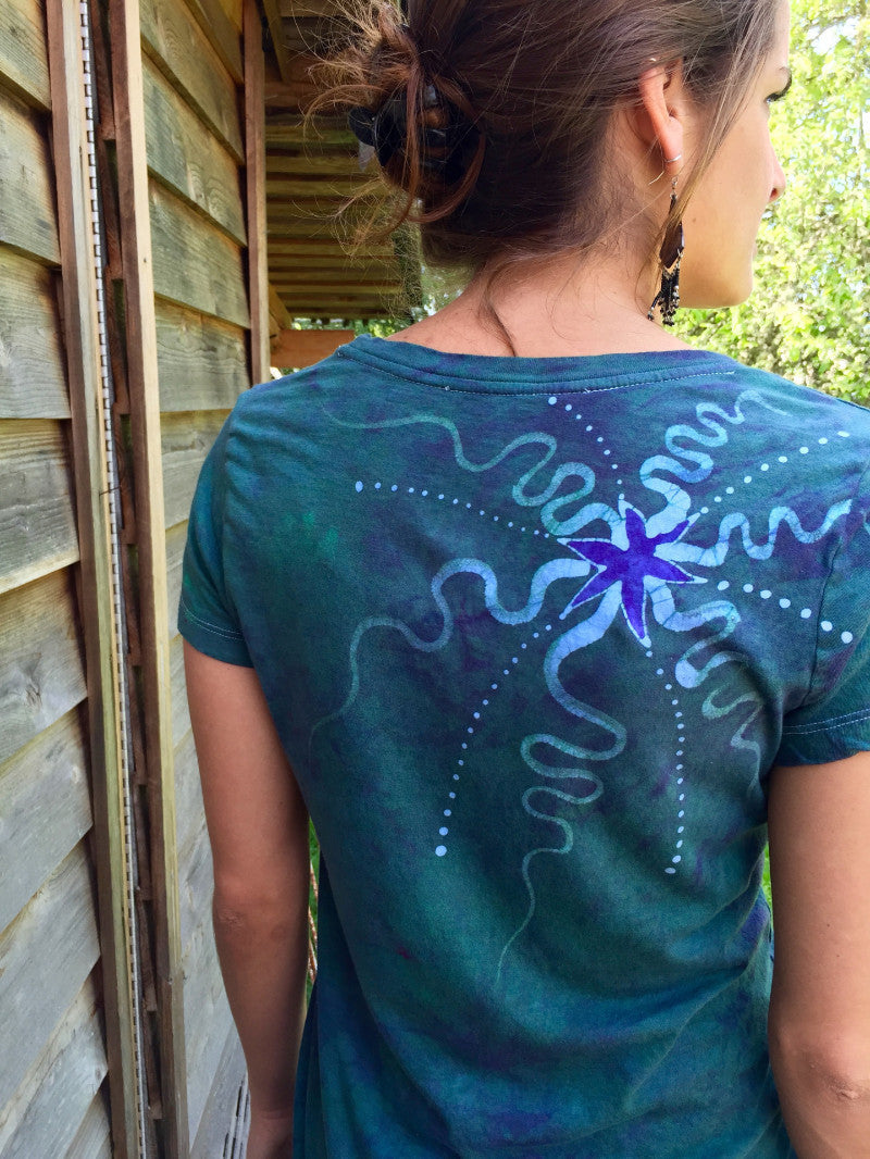 Light Teal Moon Star Handmade Batik Vneck Tee - Batikwalla 
 - 6