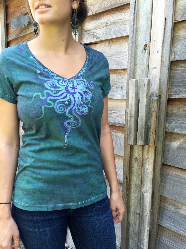 Light Teal Moon Star Handmade Batik Vneck Tee - Batikwalla 
 - 3