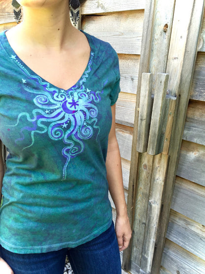 Light Teal Moon Star Handmade Batik Vneck Tee - Batikwalla 
 - 1