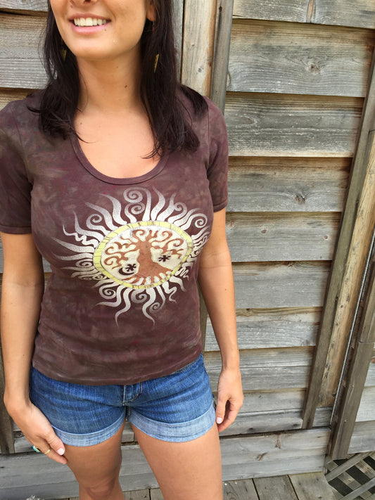 Deep Earth Tree of Life Sun Yoga Tee - Batik Print - Size Medium - Batikwalla 
 - 4