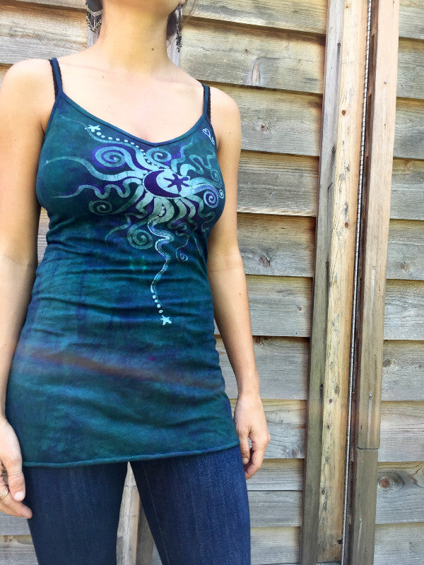 Teal and Purple Moon Star Batik Long Cotton Camisole - Batikwalla 
 - 3