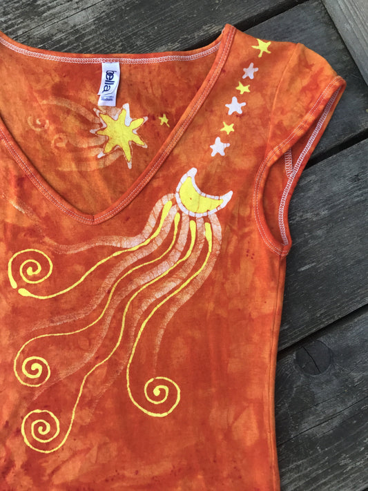 Orange Sherbert Ride Through Space Handmade Batik Summer Tee