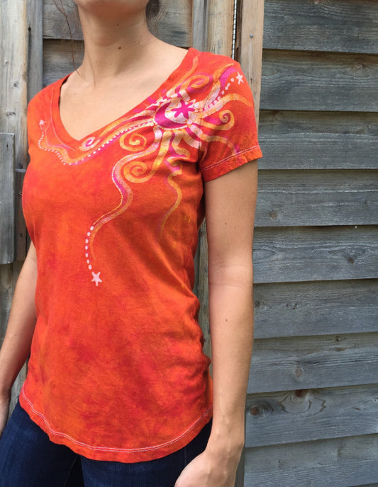 Brilliant Orange Moon Handmade Batik Vneck Tee - Batikwalla 
 - 1