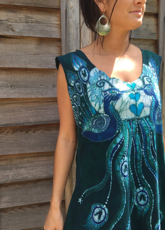 Teal Kissing Peacocks Organic Cotton Batik Dress - Batikwalla 
 - 7