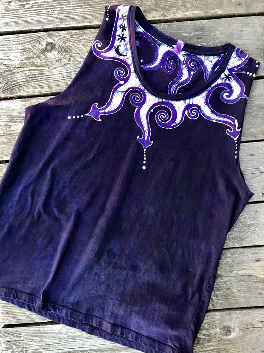 Purple and Navy Swirly Curls Handmade Batik Summer Shoulders Tank Top - Size Large