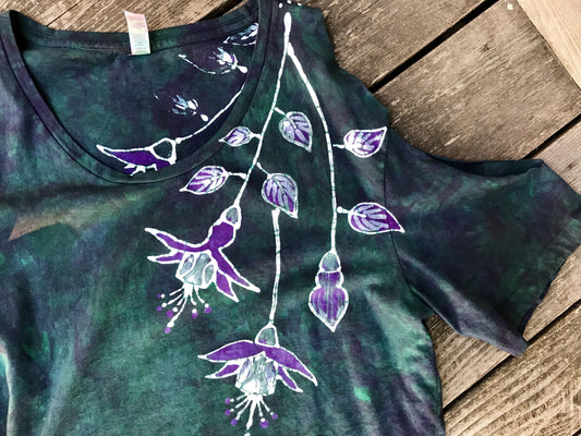 Teal and Purple Fuchsias Are Pretty Handmade Batik Summer Shoulders Tshirt - Size Large