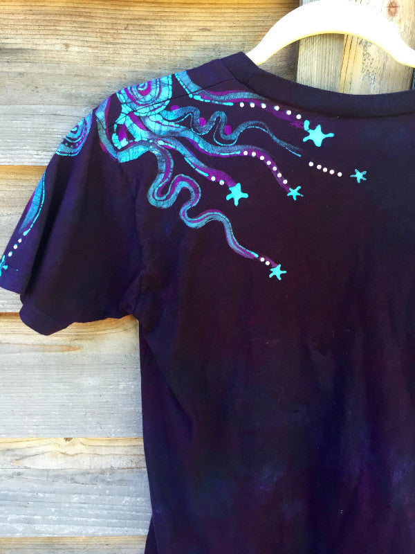 Sparkly Purple Rhinestone Organic Cotton Batik Vneck Tee - Unisex Size Small - Batikwalla 
 - 4