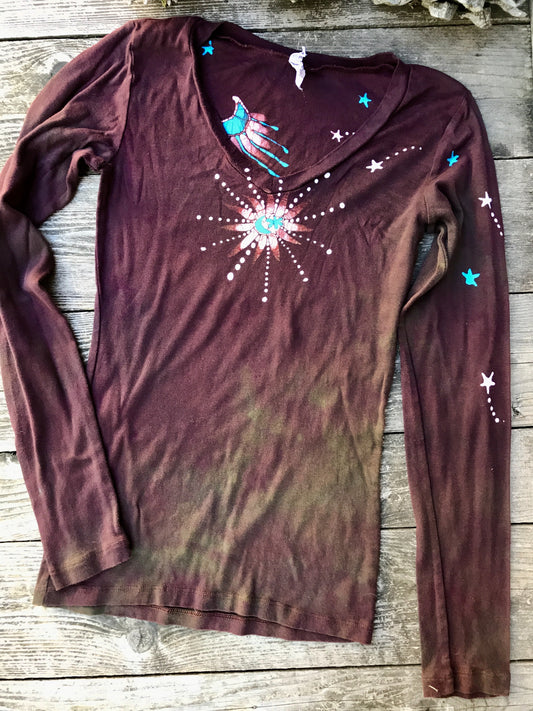 Rust and Turquoise Star Long Sleeve Batik Top