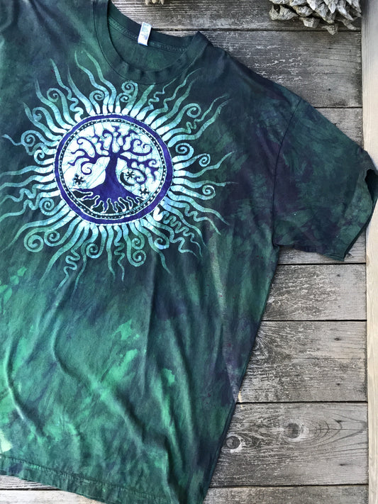 Teal and Purple Sun Tree Handmade Batikwalla Tshirt - Size 3X - Tall