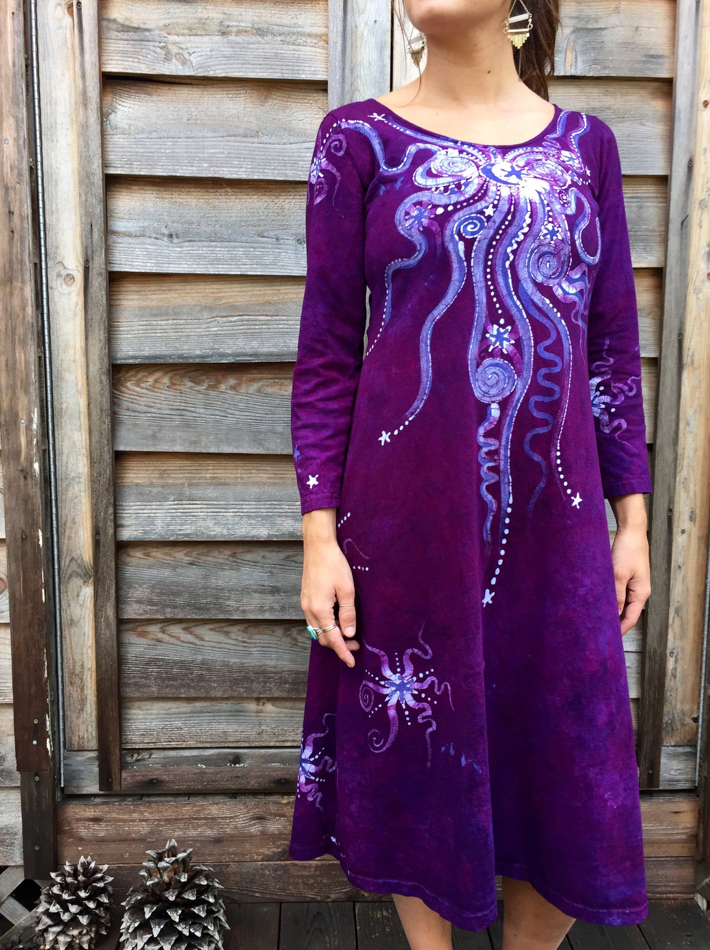 Magenta Moonbeams Long Sleeve Batik Dress - Batikwalla 
 - 1