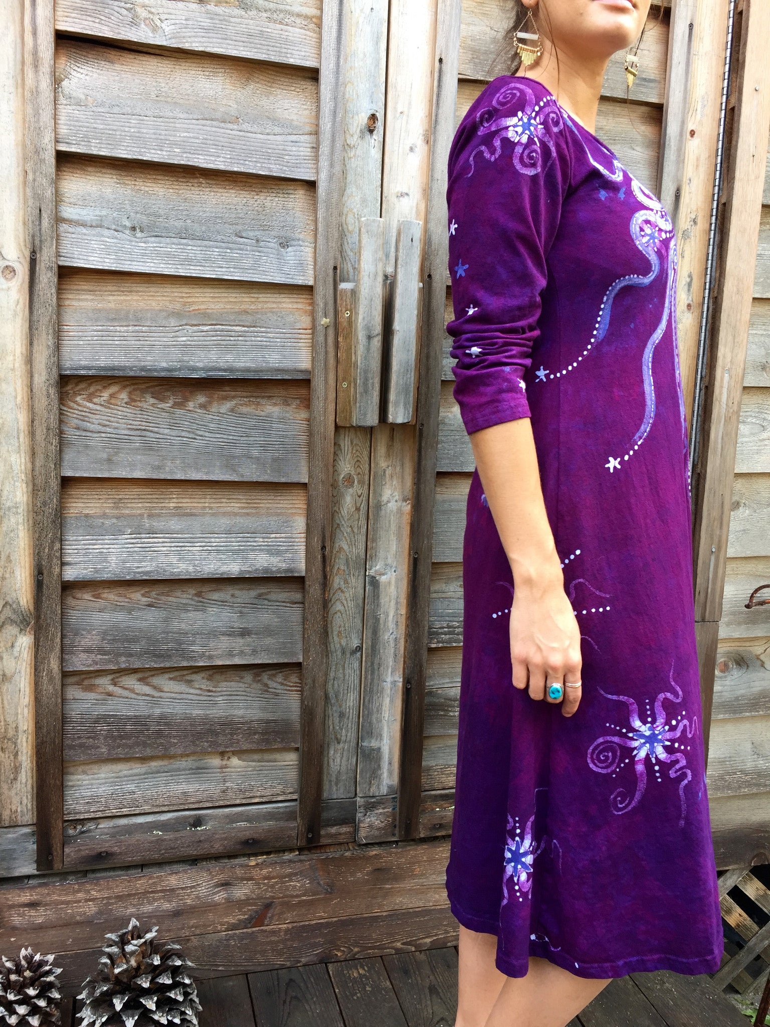 Magenta Moonbeams Long Sleeve Batik Dress - Batikwalla 
 - 6