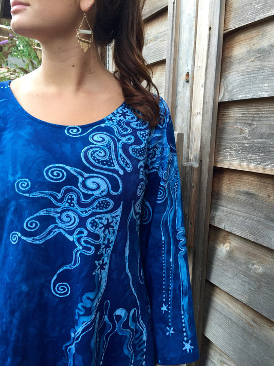 Blue Tree of Life Long Sleeve Batik Dress - Batikwalla 
 - 1