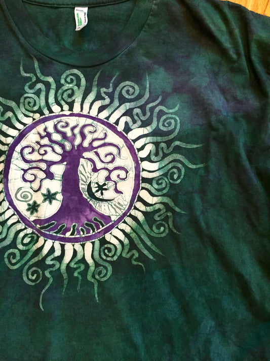 Teal and Purple Tree of Life Batik Mens Long Sleeve Tshirt - Size 2X - Batikwalla 
 - 1