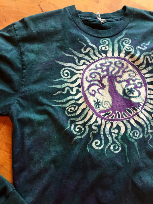 Teal and Purple Tree of Life Long Sleeve Batik Mens Tshirt - Size Large - Batikwalla 
 - 1