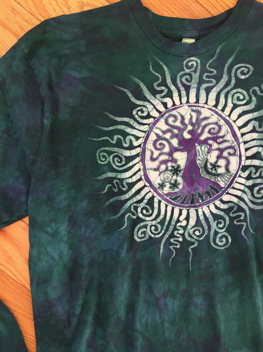 Teal and Purple Tree of Life Long Sleeve Batik Mens Tshirt - Size XL - Batikwalla 
 - 1