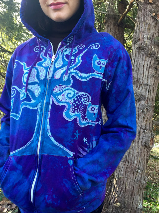 Owls In A Tree Light Purple Organic Cotton Batik Hoodie - Batikwalla 
 - 1