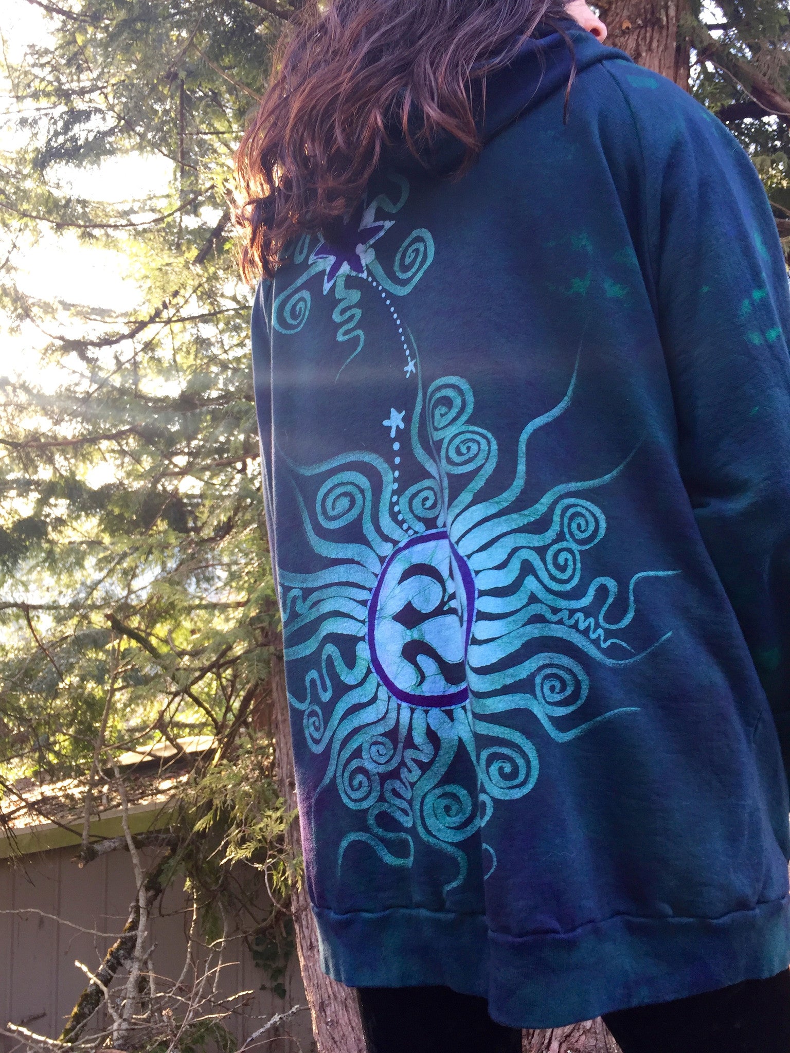 Teal and Purple Tree Moon Organic Cotton Batik Hoodie - Batikwalla 
 - 3