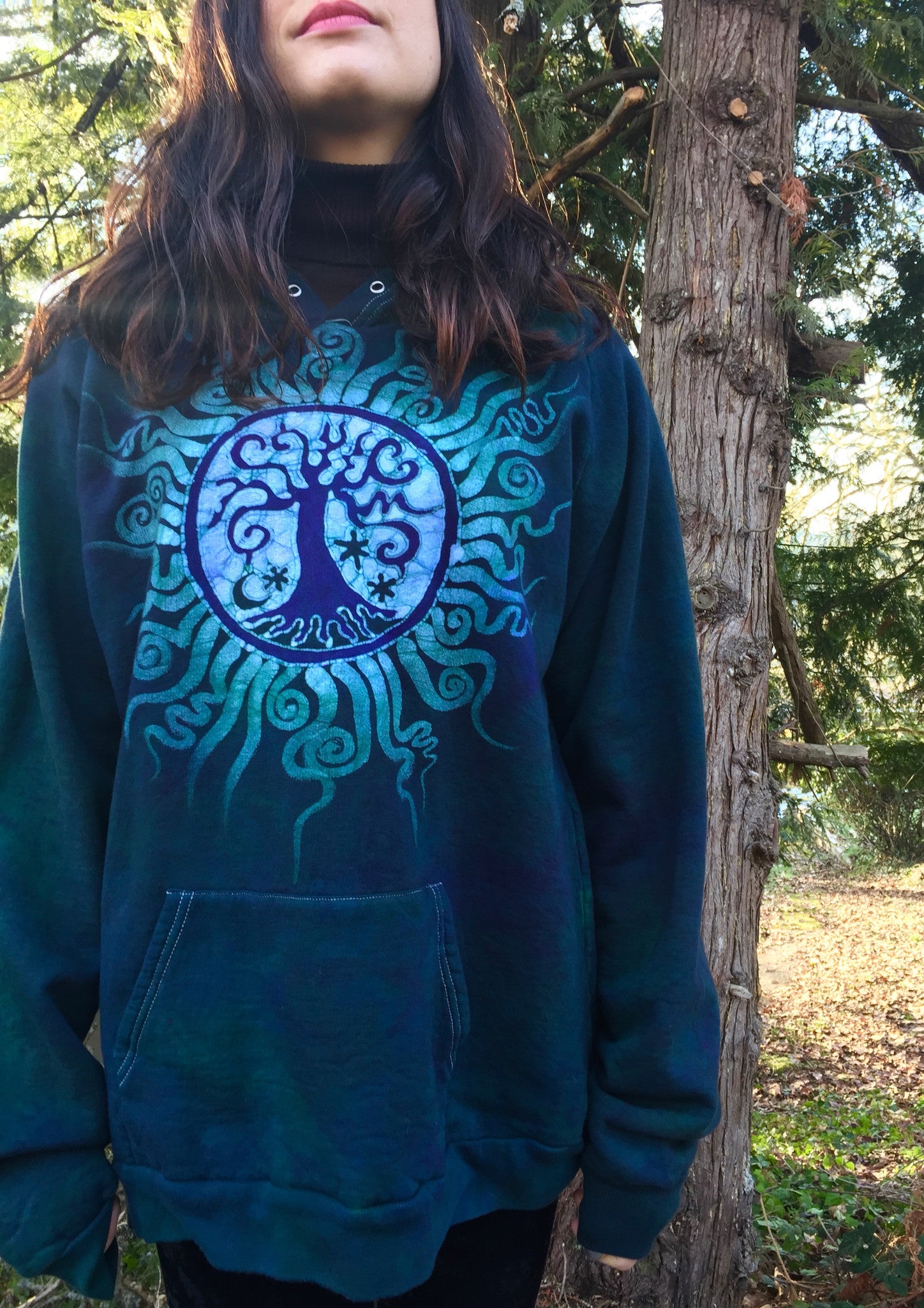 Teal Tree of Life Handmade Batik Pullover Hoodie - Batikwalla 
 - 1