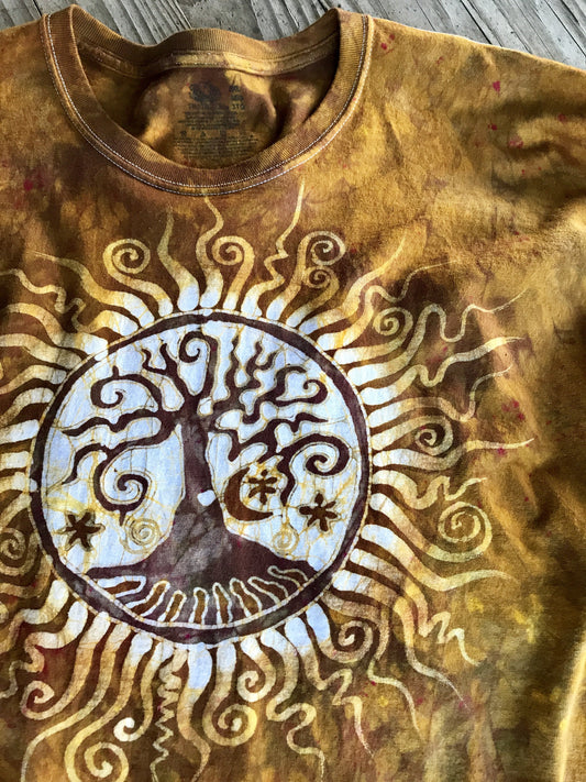 Gold Sun Tree Handmade Batik Long Sleeve Tshirt - Organic Cotton Size 3X