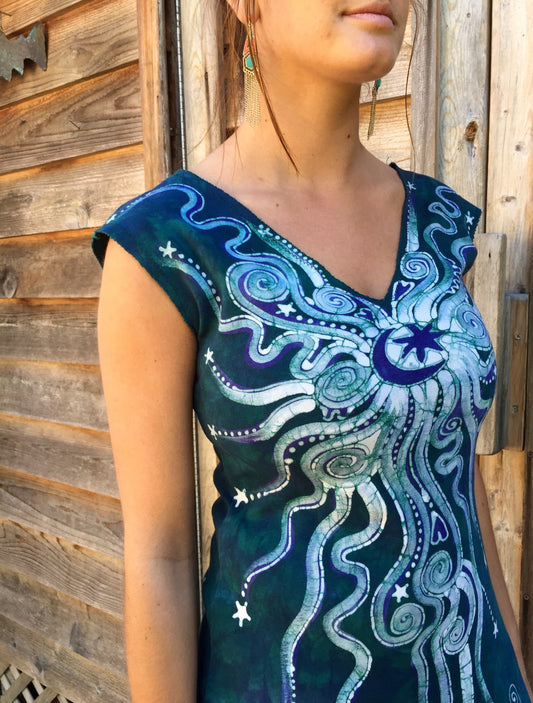 Teal and Purple Moon Star Organic Cotton Batik Dress - Batikwalla 
 - 1